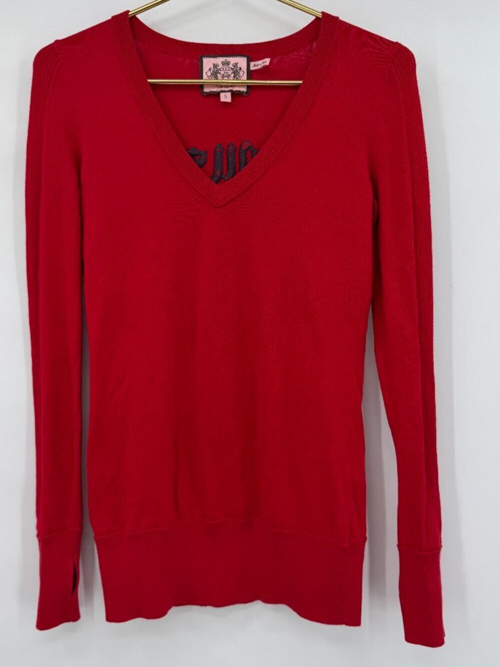 Juicy Couture Women's Red Cashmere Blend Crest Logo V Neck Sweater Y2K Preppy S